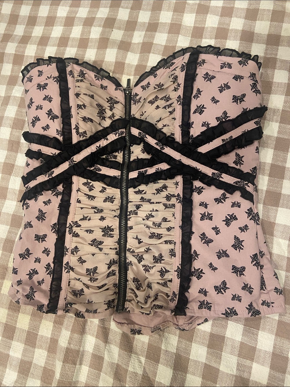 bebe Pink y2k vintage Strapless Ruffled Bustier Top with Black Trim